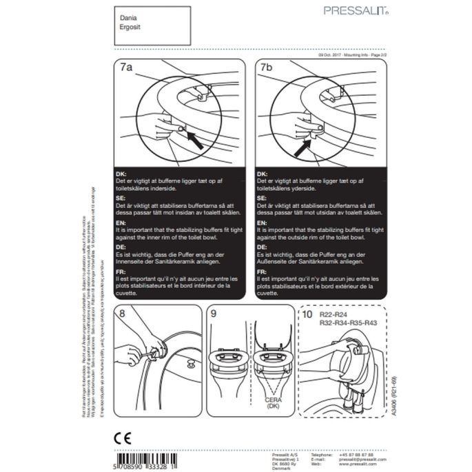 Pressalit Dania T9801 scharnier met doorlopende pen, 100mm verhoogd